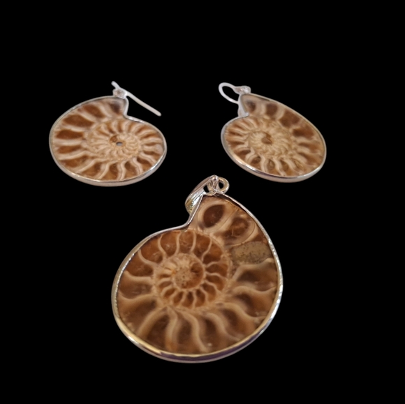Unique Ammonite Fossil Earrings & Pendant Set 925 Sterling Silver "Stargazer" - Picture 5 of 13